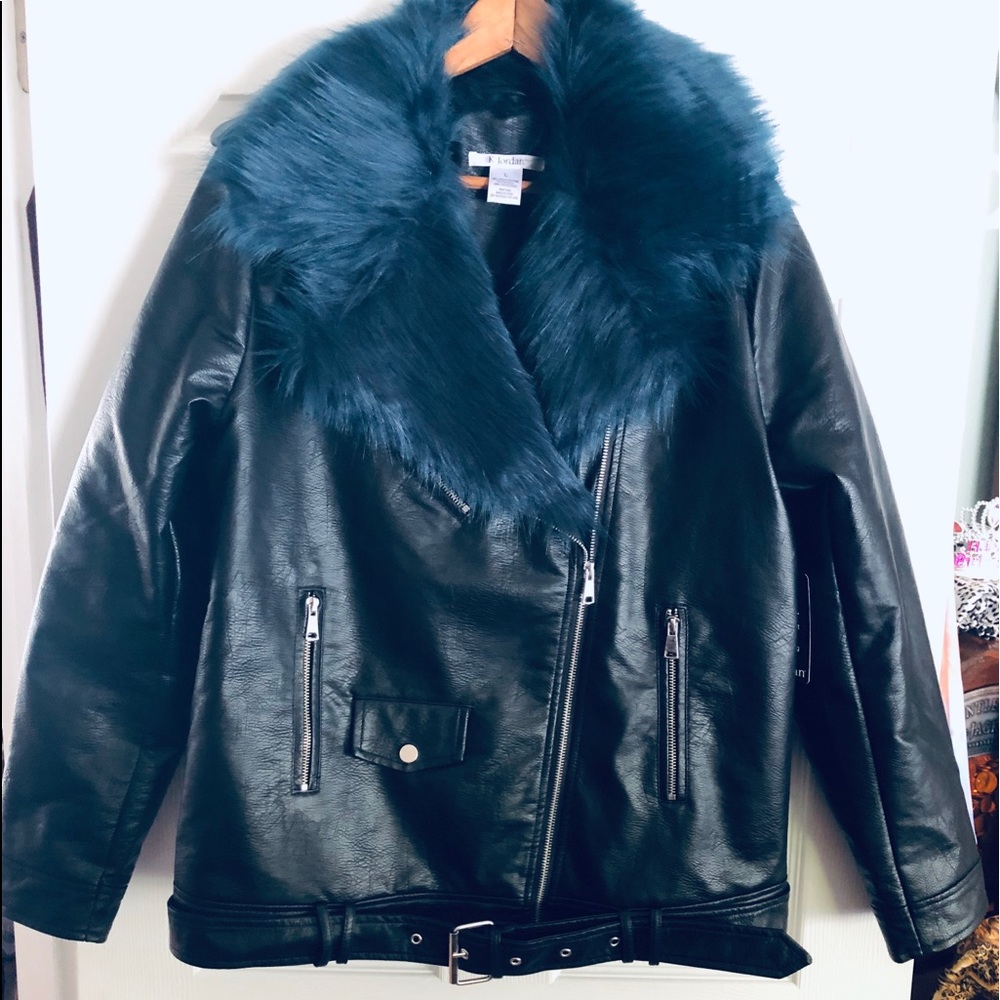 CONTRAST FUR FAUX LEATHER MOTO JACKET NWT SZ L